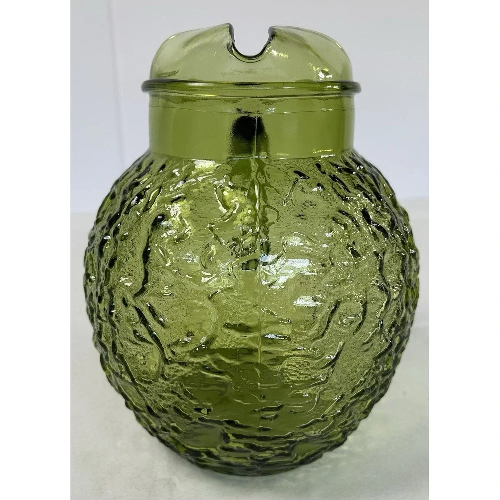 Vintage 1970s Anchor Hocking Milano/Lido Avocado Green Crinkle Ball Pitcher